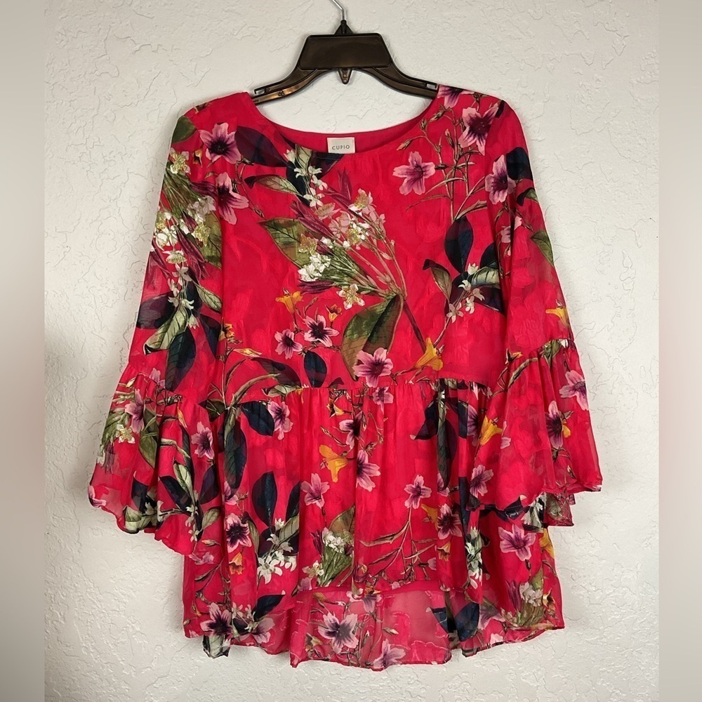 Women’s Cupid Hot Pink Bell Sleeve Babydoll Floral Top Size Medium - Picture 8 of 10